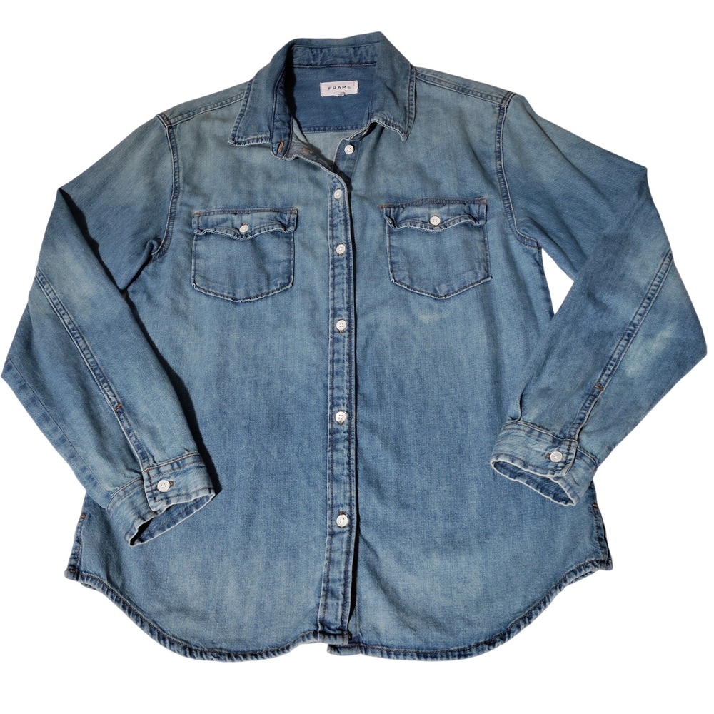 FRAME Women Light Wash Denim Button Down Shirt Long Sleeve Cotton Sz Small
